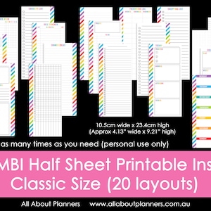 May include: Twenty printable planner inserts in classic size with rainbow striped borders. The inserts include various layouts for checklists, to-do lists, habit trackers, and more.  10.5 cm wide x 23.4 cm high (approx 4.13" wide x 9.21" high). Print as many times as you need (personal use only).