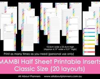MAMBI Half Sheet printable planner insert classic size refill to do shopping grocery checklist habit tracker dot grid skinny project bill