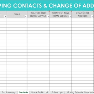 Moving Spreadsheet Planner Checklist Box Labels Budget Change of ...