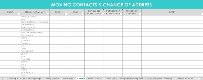 Moving Spreadsheet Planner Checklist Box Labels budget change of address home to do list Printable Organize New Home Door Hanger Template image 8