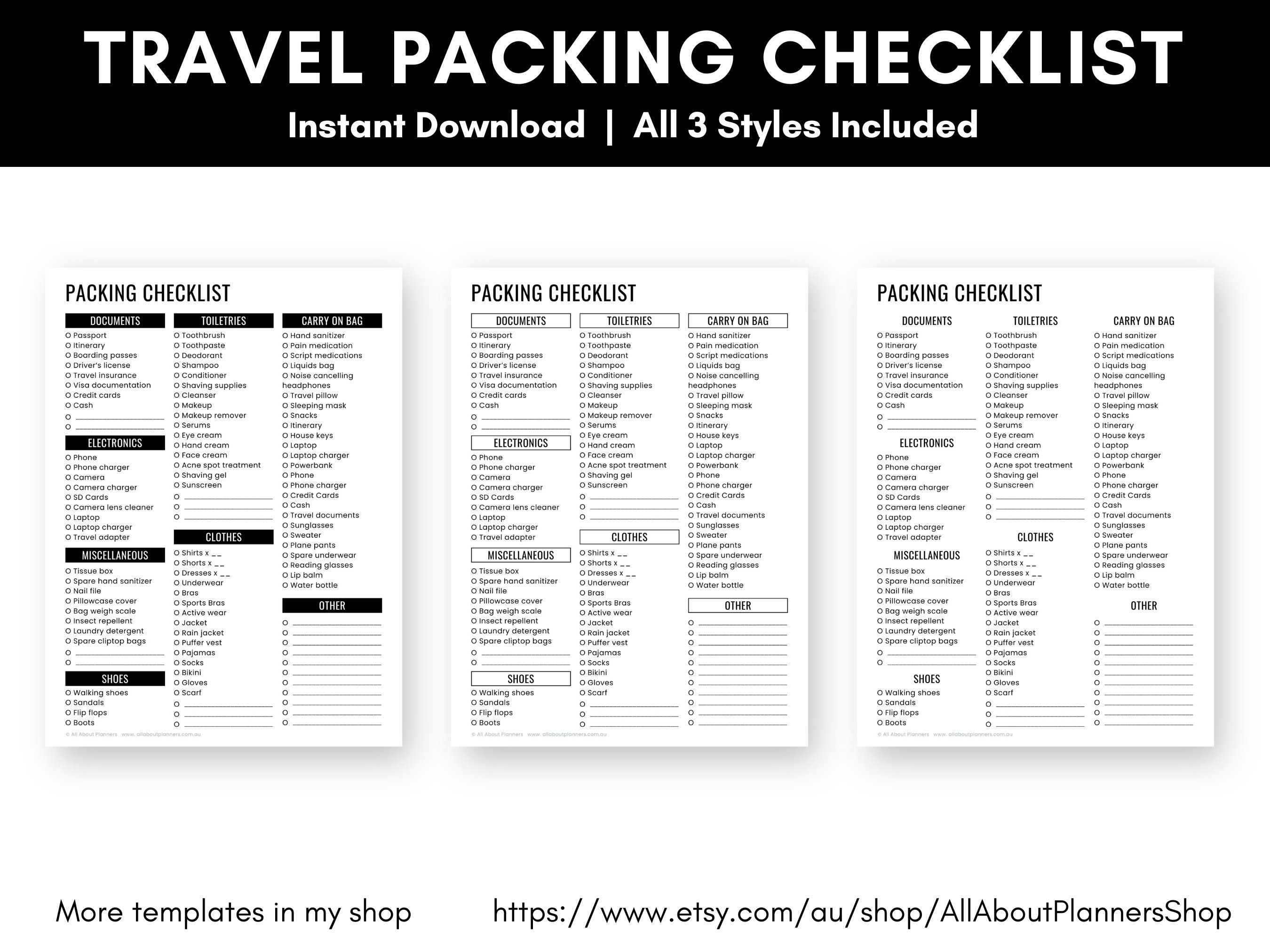 Travel Packing List Editable in Canva Printable Planner Insert List ...