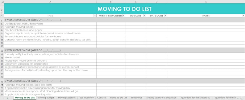 Moving Spreadsheet Planner Checklist Box Labels budget change of address home to do list Printable Organize New Home Door Hanger Template image 2