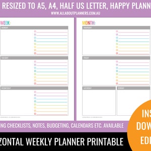 Weekly planner printable 2 page spread insert editable refill to do checklist rainbow ink friendly US letter size resize a5 half junior image 2