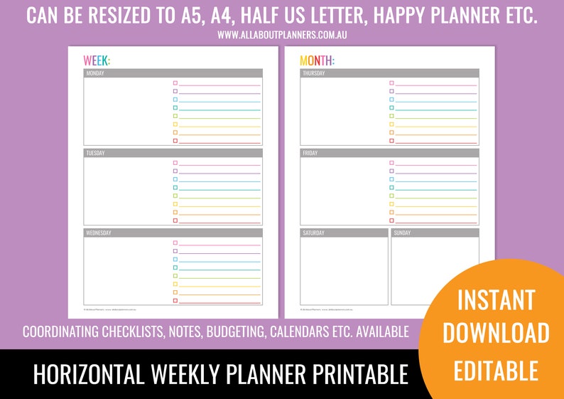 Weekly planner printable 2 page spread insert editable refill to do checklist rainbow ink friendly US letter size resize a5 half junior image 2