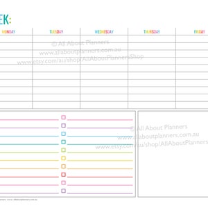 Weekly planner printable 1 page landscape spread insert editable refill to do checklist rainbow US letter size resize a5 half junior image 2