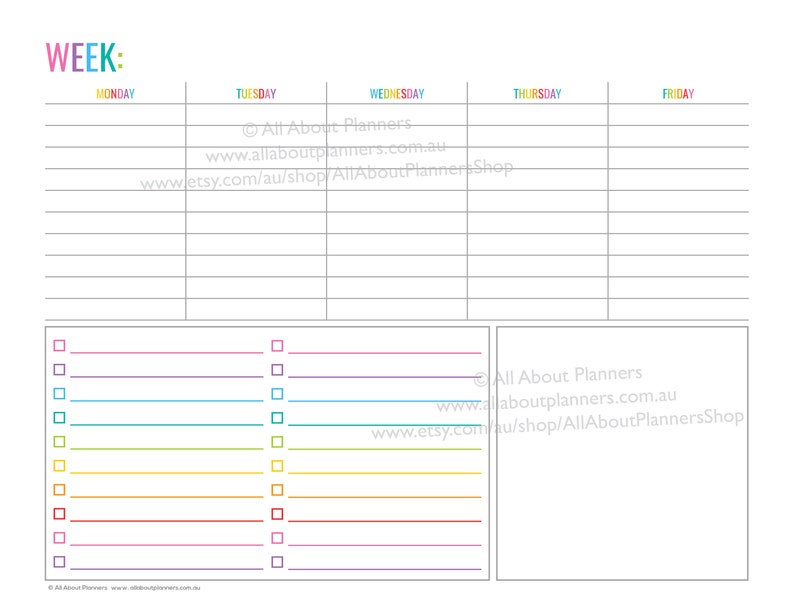 Weekly planner printable 1 page landscape spread insert editable refill to do checklist rainbow US letter size resize a5 half junior image 2