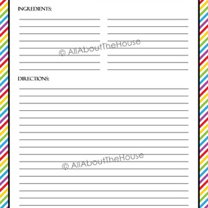 May include: A printable recipe card with a colorful chevron pattern border. The card has sections for the recipe name, servings, from, ingredients, and directions.