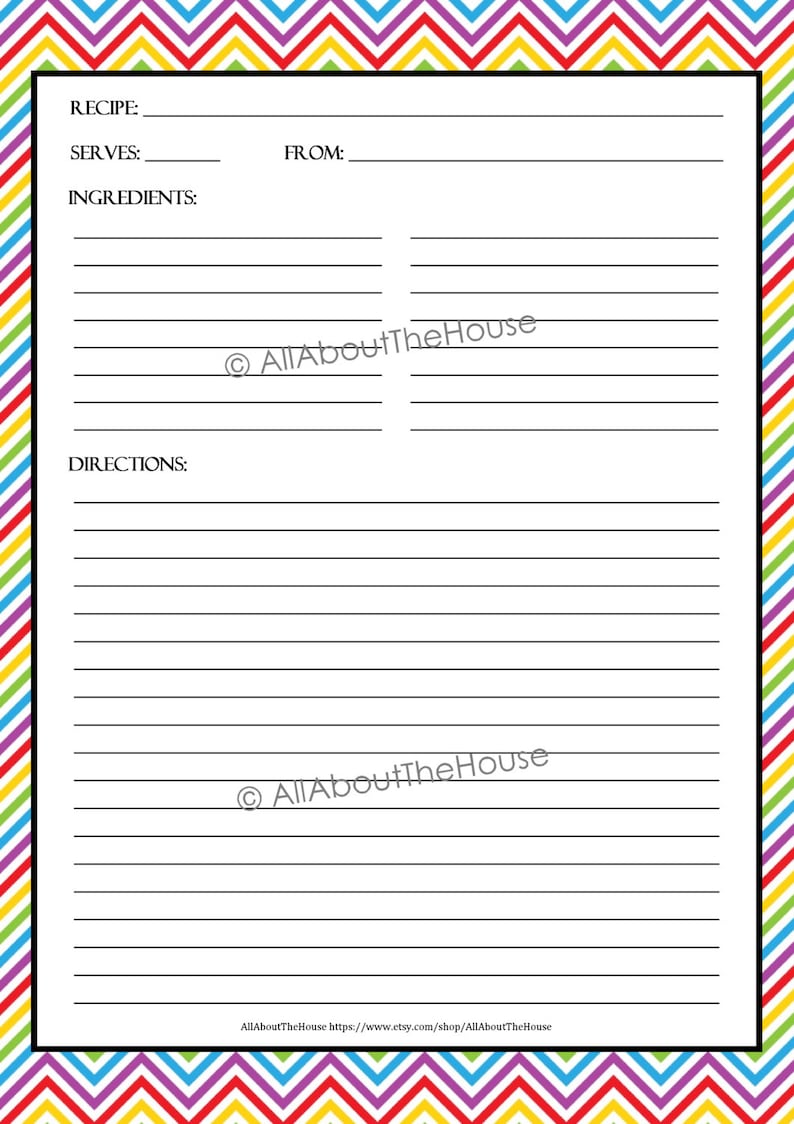 May include: A printable recipe card with a colorful chevron pattern border. The card has sections for the recipe name, servings, from, ingredients, and directions.