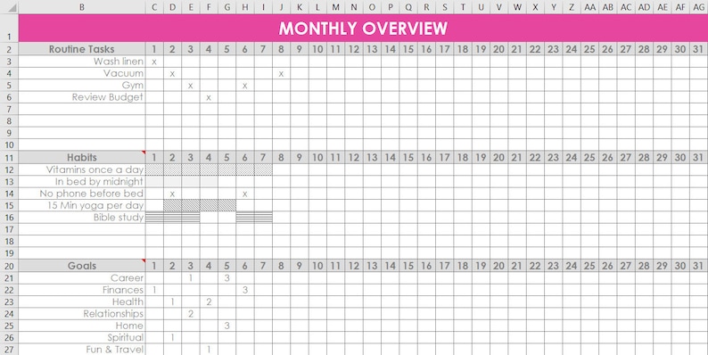 Monthly Habit Tracker spreadsheet Excel routine tasks, goals, google sheets template organize daily weekly monthly tasks cleaning chores image 4