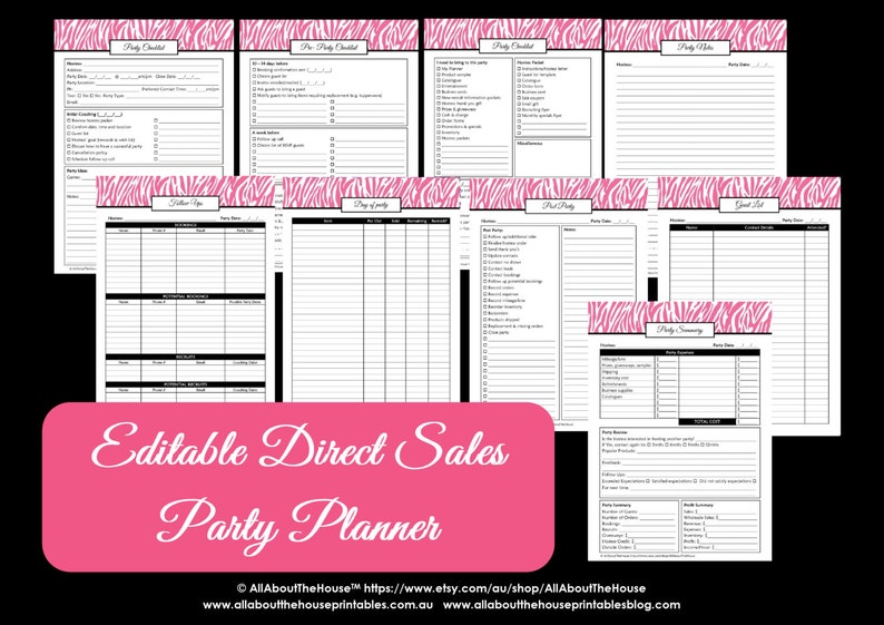 May include: Editable printable direct sales party planner with pink zebra print design. Includes checklists, guest list, party summary, and party notes.