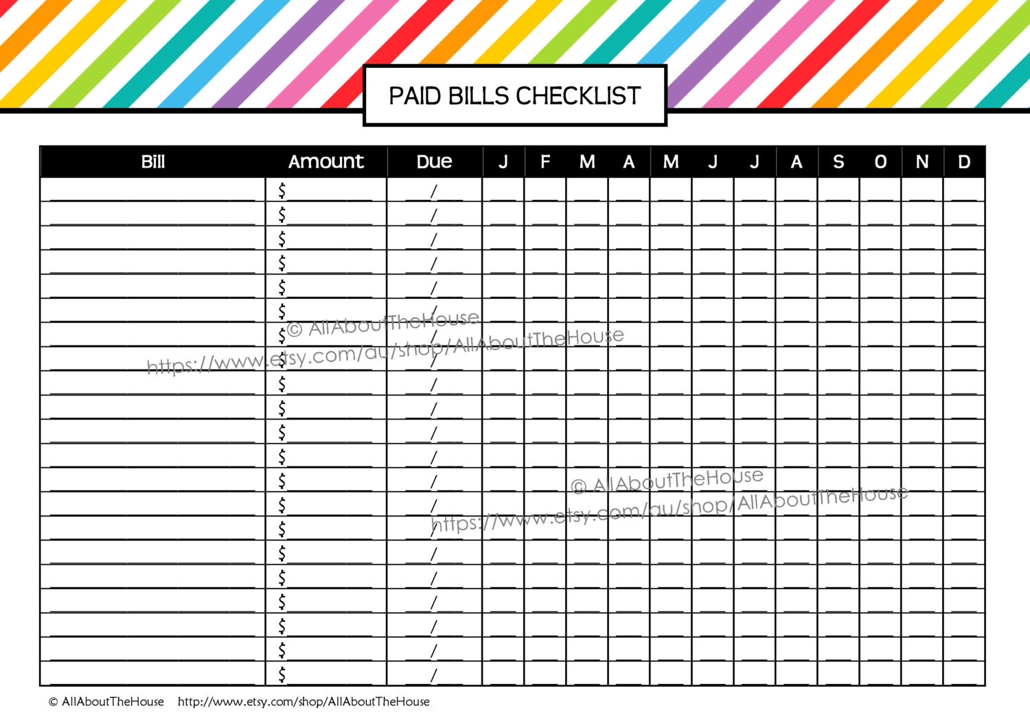 Bill Printable Editable Rainbow Stripe Paid Bills Checklist | Etsy