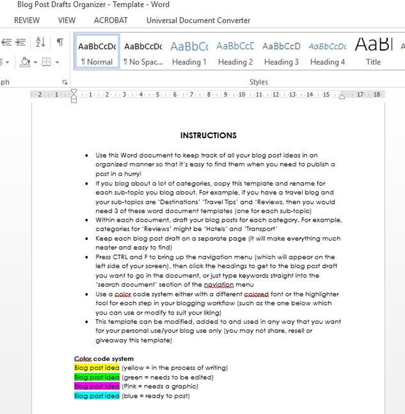 Blog post organizer template microsoft word color coded checklist printable planner editorial calendar DIY INSTANT Download editable custom image 2