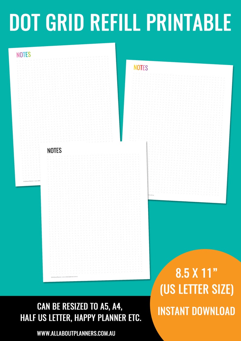 Dot grid notes page printable planner insert refill bullet journal bujo US letter size can resize to a4 a5 personal size half letter junior image 1