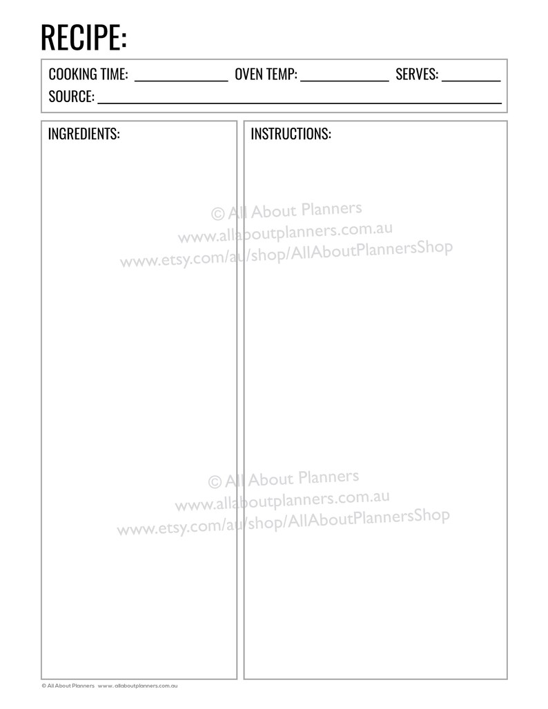 May include: A white recipe card template with black text. The header reads RECIPE, followed by fields for cooking time, oven temp, serves, and source. Below are two large vertical columns labeled INGREDIENTS and INSTRUCTIONS for writing.