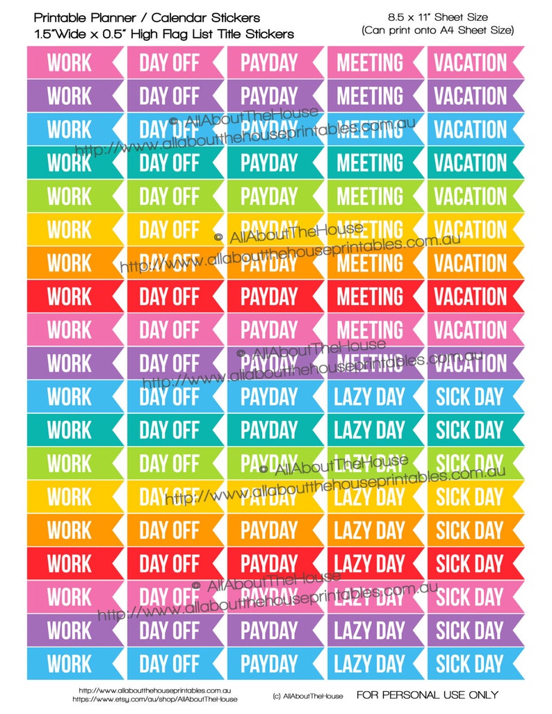 Work Flag Planner Stickers printable day off, sick day, vacation, payday, meeting, lazy day plum paper, erin condren or any planner LTF005 image 1