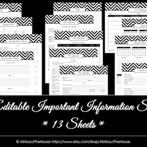 BLACK EDITABLE Important Information Printable Home Organisation Household Binder Pdf Chevron Printable Pet Insurance Phone Instant Download image 1