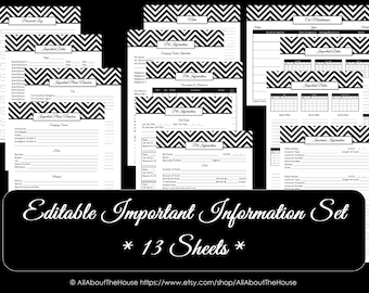 BLACK EDITABLE Important Information Printable Home Organisation Household Binder Pdf Chevron Printable Pet Insurance Phone Instant Download