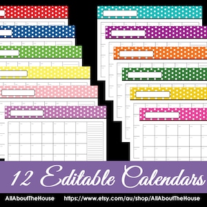 EDITABLE 12 polka dot calendars - You Choose - 2015, 2016 and beyond! Perpetucal Printable Calendar - Personalised - INSTANT DOWNLOAD