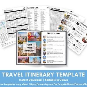 May include: A printable travel itinerary template for a trip to Paris, France. The template includes a packing list, trip budget, trip overview, Paris restaurants, flight routes, and a detailed itinerary with photos of Parisian landmarks. The template is editable in Canva and is available for instant download.