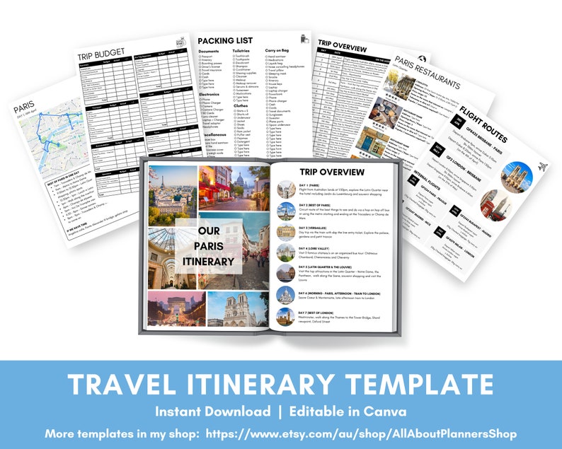Travel Itinerary Template travel planner vacation trip hotel bookings day tours daily packing list fully editable & customisable in Canva image 6