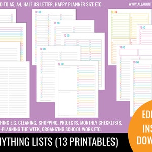 Anything list printable editable checklist cleaning shopping school grocery project planner rainbow letter size can resize to A5 or other image 2