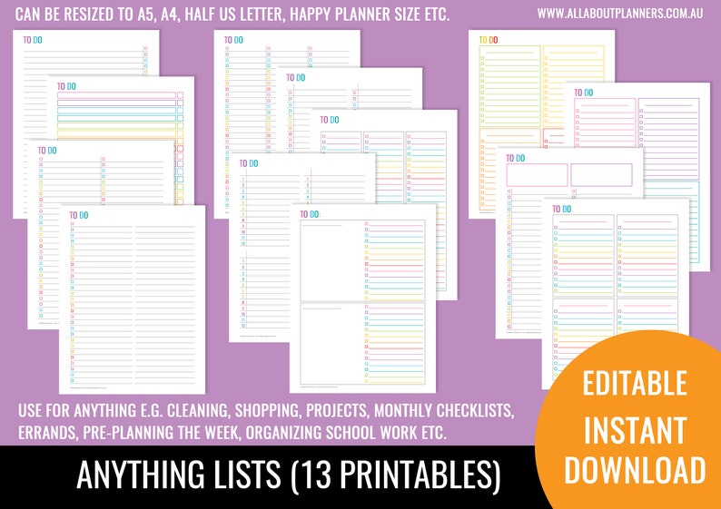 Anything list printable editable to do checklist cleaning shopping school grocery project planner rainbow letter size can resize page size image 5