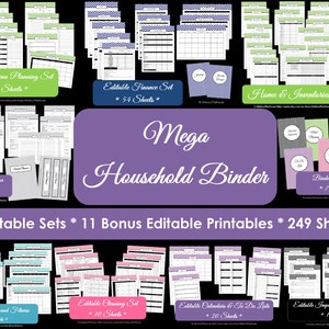 Könnte beinhalten: Eine lila und weiße Grafik mit dem Text "Mega Household Binder" und Bildern von druckbaren Blättern zur Organisation eines Haushalts. Der Text "9 Editable Sets * 11 Bonus Editable Printables * 249 Sheets" ist ebenfalls enthalten.