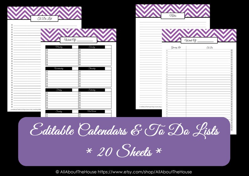 PURPLE EDITABLE To Do List and Calendar Set Perpetual Calendar Household Binder Chevron Printable Do List Pdf Day Planner Instant Dl 2018 Bild 4