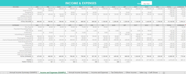 Etsy Seller Spreadsheets, shop management Tool, financial, tax reporting, profit and loss income expenses, spreadsheet, Excel, google sheets image 3