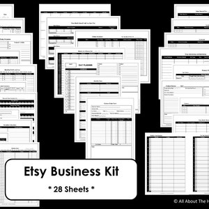 May include: A black and white printable Etsy business kit with 28 sheets. The kit includes worksheets for tracking orders, inventory, finances, and more.