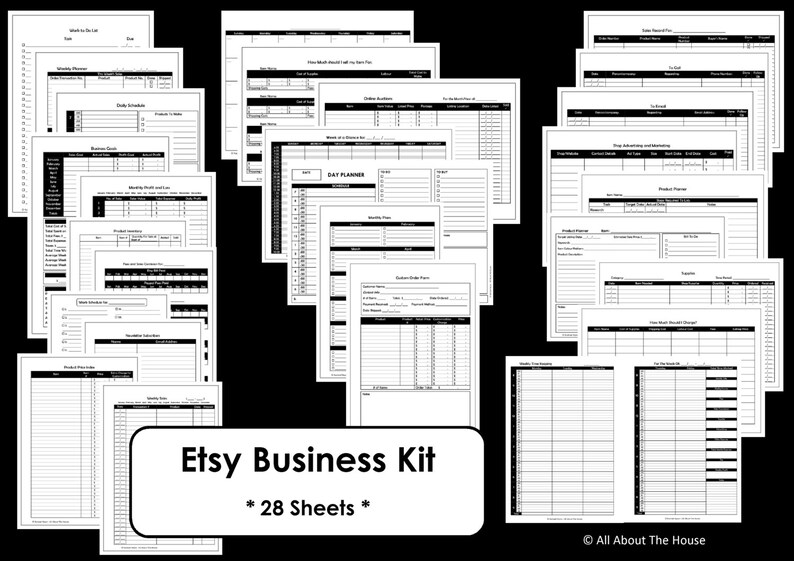 May include: A black and white printable Etsy business kit with 28 sheets. The kit includes worksheets for tracking orders, inventory, finances, and more.