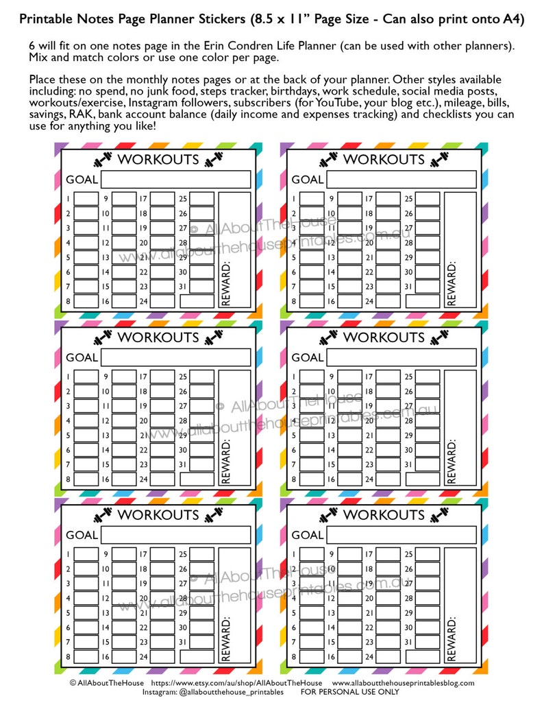 Workout planner stickers notes page Printable exercise health fitness made for Erin Condren ECLP Rainbow monthly tracker happy plum NPTS7 image 2