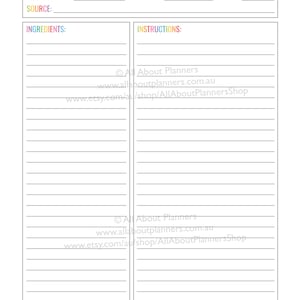 May include: A white recipe planner page with colorful headers. The top section includes fields for cooking time, oven temp, serves, and source. Below, two vertical columns provide lined spaces for ingredients and instructions, featuring the text All About Planners.