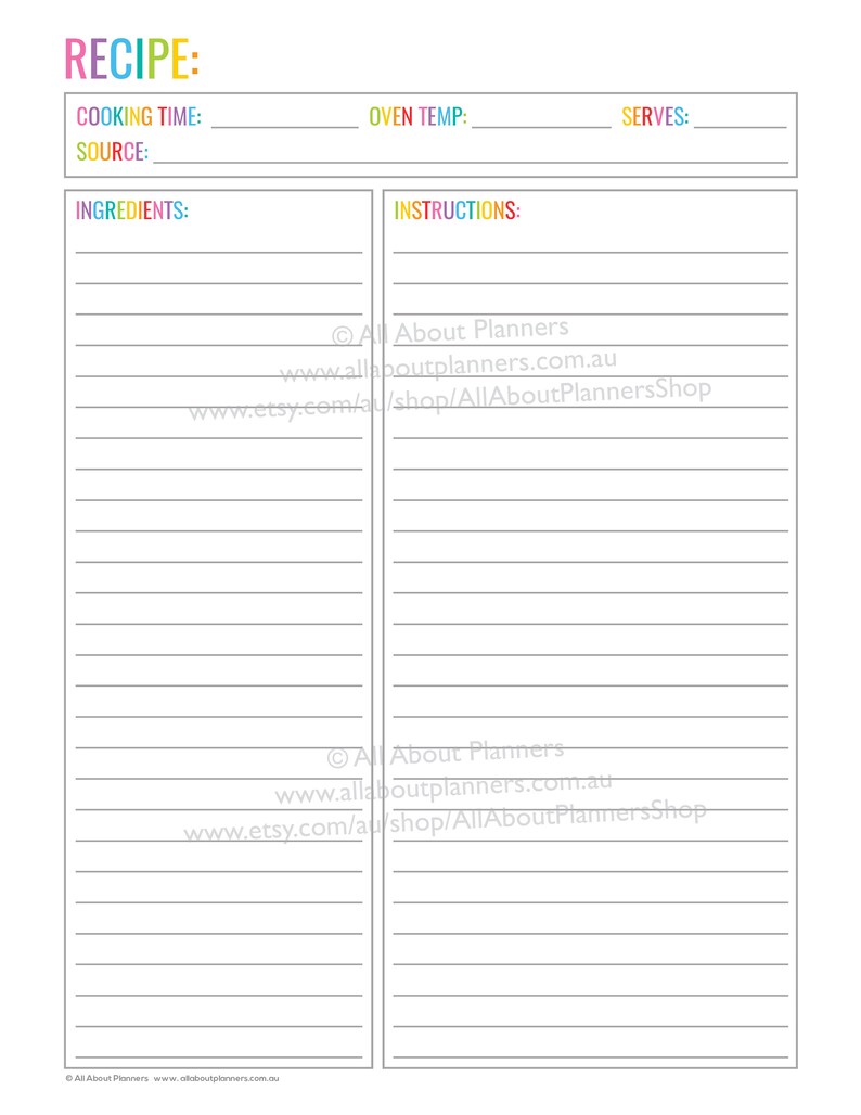 May include: A white recipe planner page with colorful headers. The top section includes fields for cooking time, oven temp, serves, and source. Below, two vertical columns provide lined spaces for ingredients and instructions, featuring the text All About Planners.