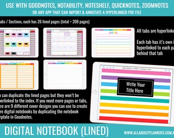 Goodnotes digital notebook 8 subject tabs hyperlinked LANDSCAPE rainbow lined note paper page template school home organization pdf