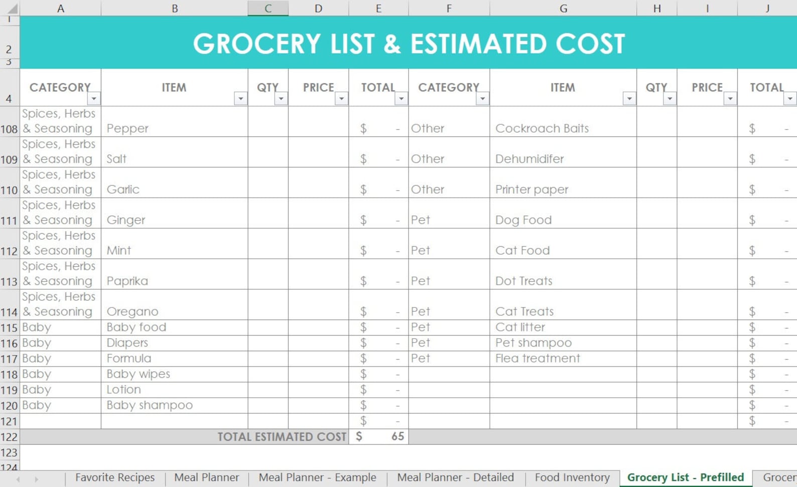 Meal Planning Excel Spreadsheets Grocery List Food Inventory Favorite ...