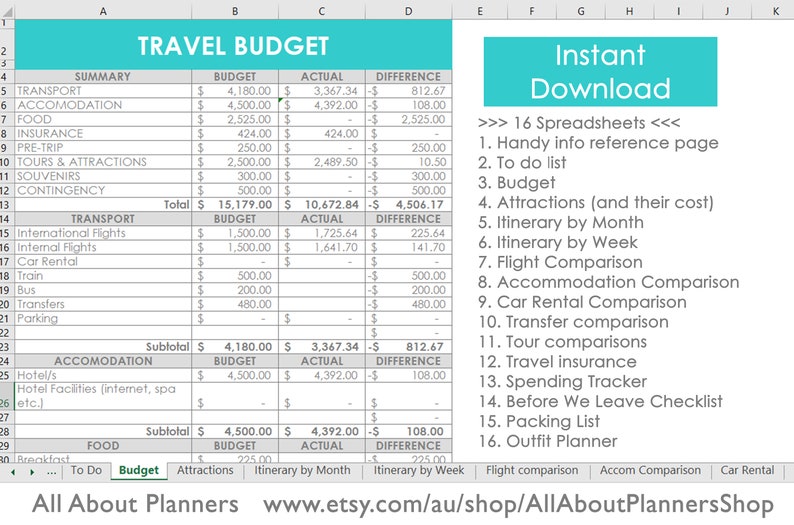 Travel Planning excel spreadsheets itinerary month week budget organizer spending to do list before we leave insurance transfer car rental Bild 2