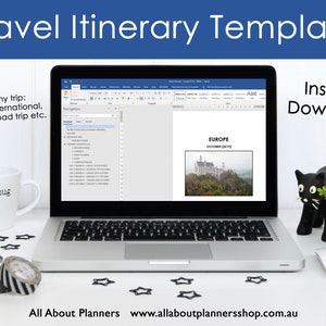 May include: A laptop computer displaying a Word document with a travel itinerary template. The document is titled "Europe" and includes a photo of a castle. The text "Instant Download" is displayed in the upper right corner of the image. The laptop is sitting on a white surface with a mug, a cell phone, and a black cat figurine.