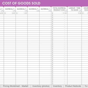 Inventory spreadsheet etsy seller tool shop management supplies materials cost of goods sold wholesale retail pricing worksheet excel PURPLE image 2