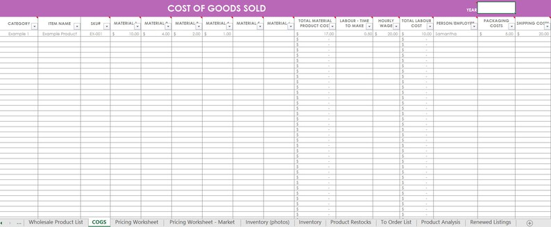 Inventory spreadsheet etsy seller tool shop management supplies materials cost of goods sold wholesale retail pricing worksheet excel PURPLE image 2