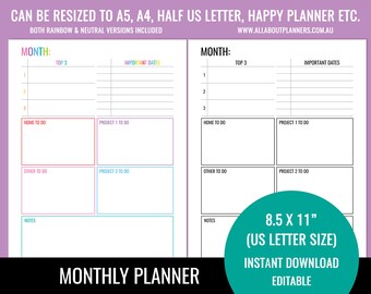 Project planner printable monthly tasks checklist to do editable fillable pdf template insert goals US letter size resize a5 personal size