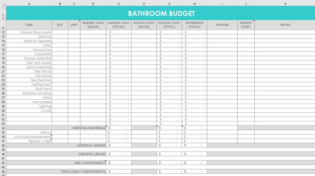Bathroom Renovation Budget Spreadsheet Organizer Ensuite Wish List Budget per Item Excel Google