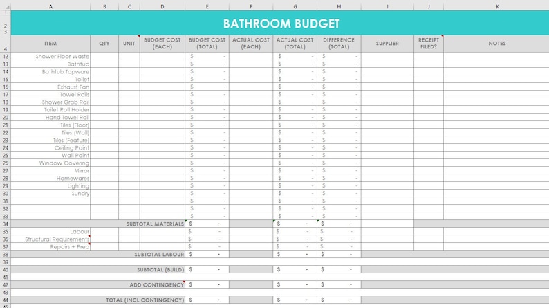 Bathroom renovation budget spreadsheet organizer ensuite wish list budget per item excel google sheet home diy building supplier remodelling image 1