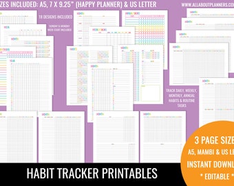 Habit Tracker printable planner insert editable refill to do shopping grocery task organizer agenda US letter size resize