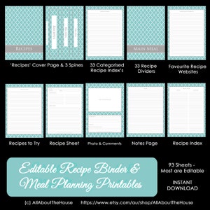 EDITABLE Recipe Binder Printables - Meal Planning - Recipe Sheet - Recipe Card - Weekly Meal Planner - Month - Recipe Divider - Grocery List