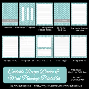 EDITABLE Recipe Binder Printables Meal Planning Recipe Sheet Recipe Card Weekly Meal Planner Month Recipe Divider Grocery List image 1