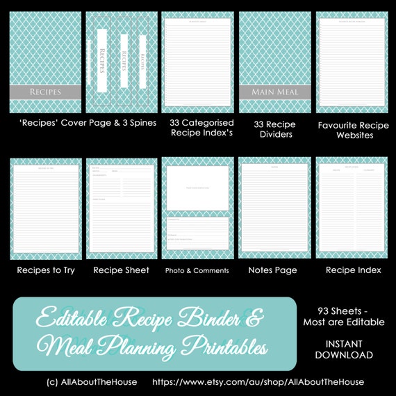 EDITABLE Recipe Binder Printables - Meal Planning - Recipe Sheet - Recipe Card - Weekly Meal Planner - Month - Recipe Divider - Grocery List Il_570xn