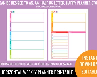 Weekly planner printable horizontal editable 1 page rainbow checklist cleaning shopping letter size can resize to A5 or happy planner mambi