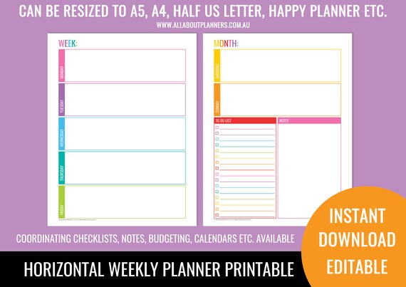 Weekly planner printable horizontal editable 1 page rainbow checklist ...