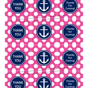 Cupcake topper, party printable, nautical, thank you, hang tag, sticker, label, girl, birthday, navy, pink, anchor, diy, instant download image 2